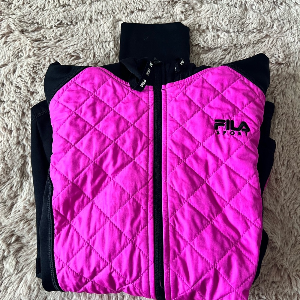 Fila Pink and Black Puffer Jacket with Quilted Design